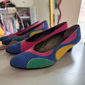 Vintage 80s Vaneli East Made in Hong Kong Leather Colorblock Heels Size 7